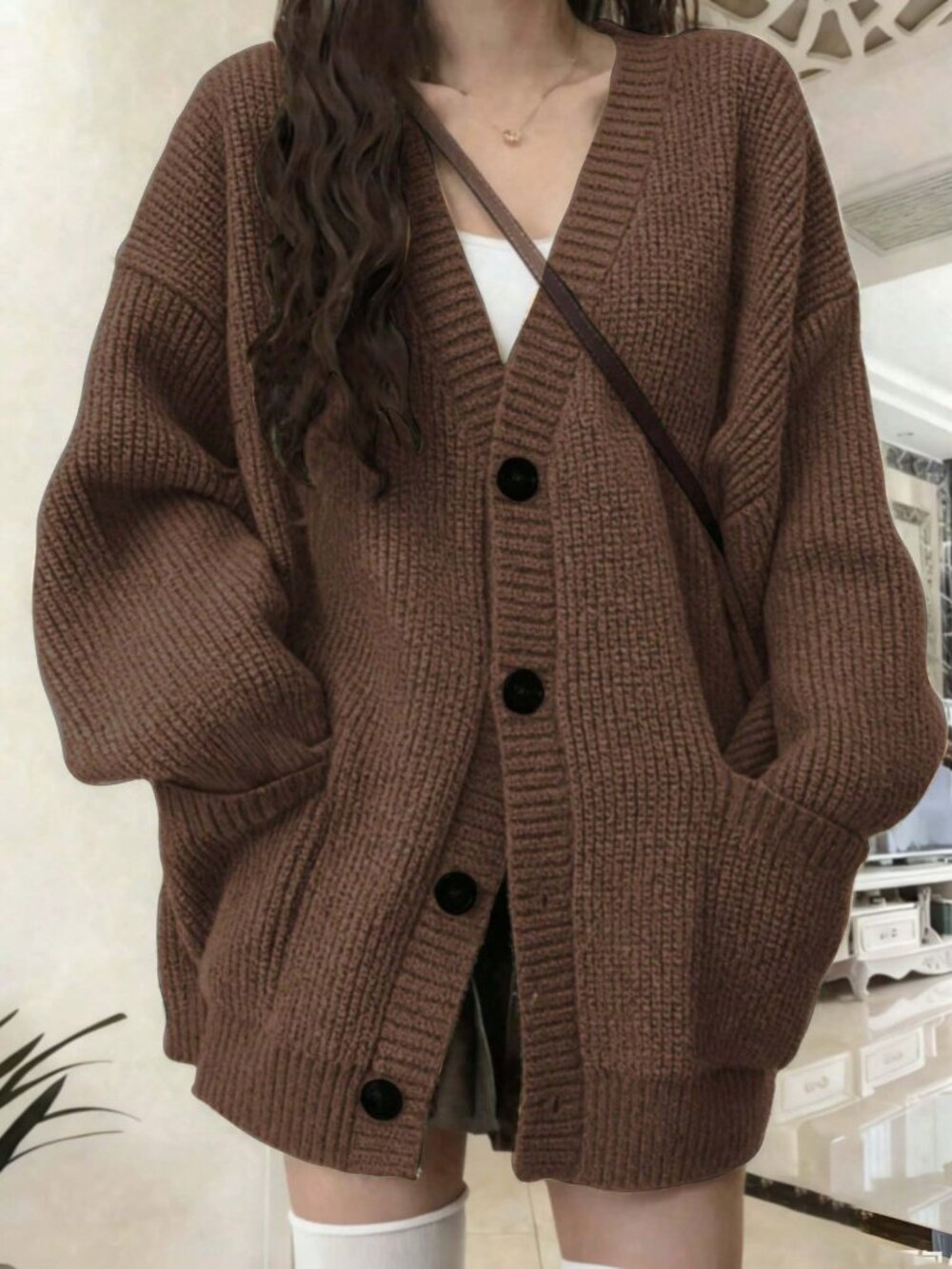 Brown Casual Women's Loose Drop Sleeve Button V Neck Knitted Cardigan